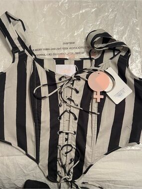 Selkie Black & White Striped Lace-Up Corset
